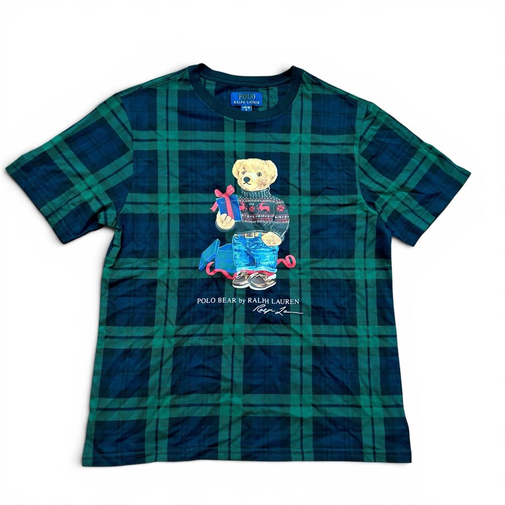 Polo Ralph Lauren Boys Size L (14-16) Green Plaid Short Sleeve Tee T-Shirt Bear